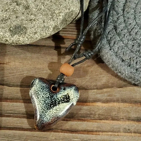 Hand Crafted Artsy Heart Glazed Blue Brown Cream Porcelain Pendant Necklace - Picture 3 of 7